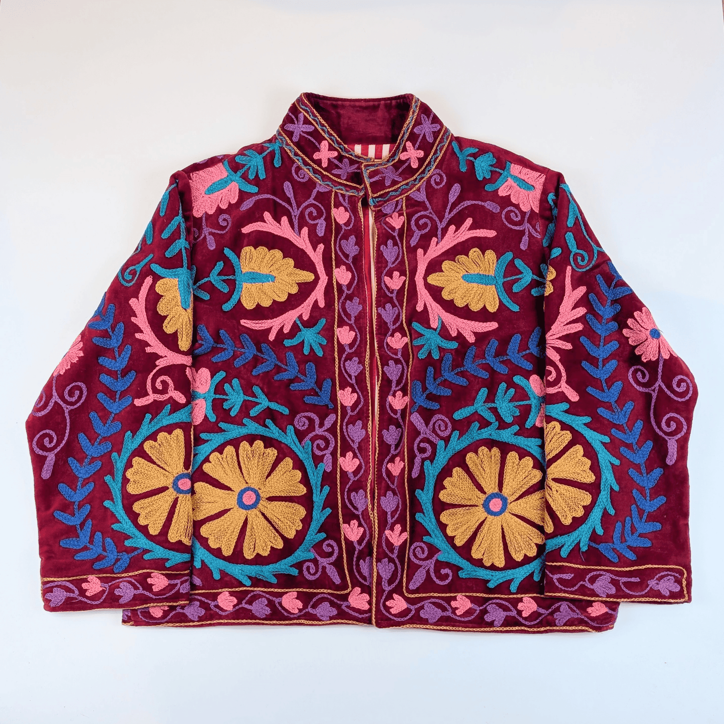 Flora Velvet Suzani Embroidered Ladies Jacket Red - Precious Sparkle