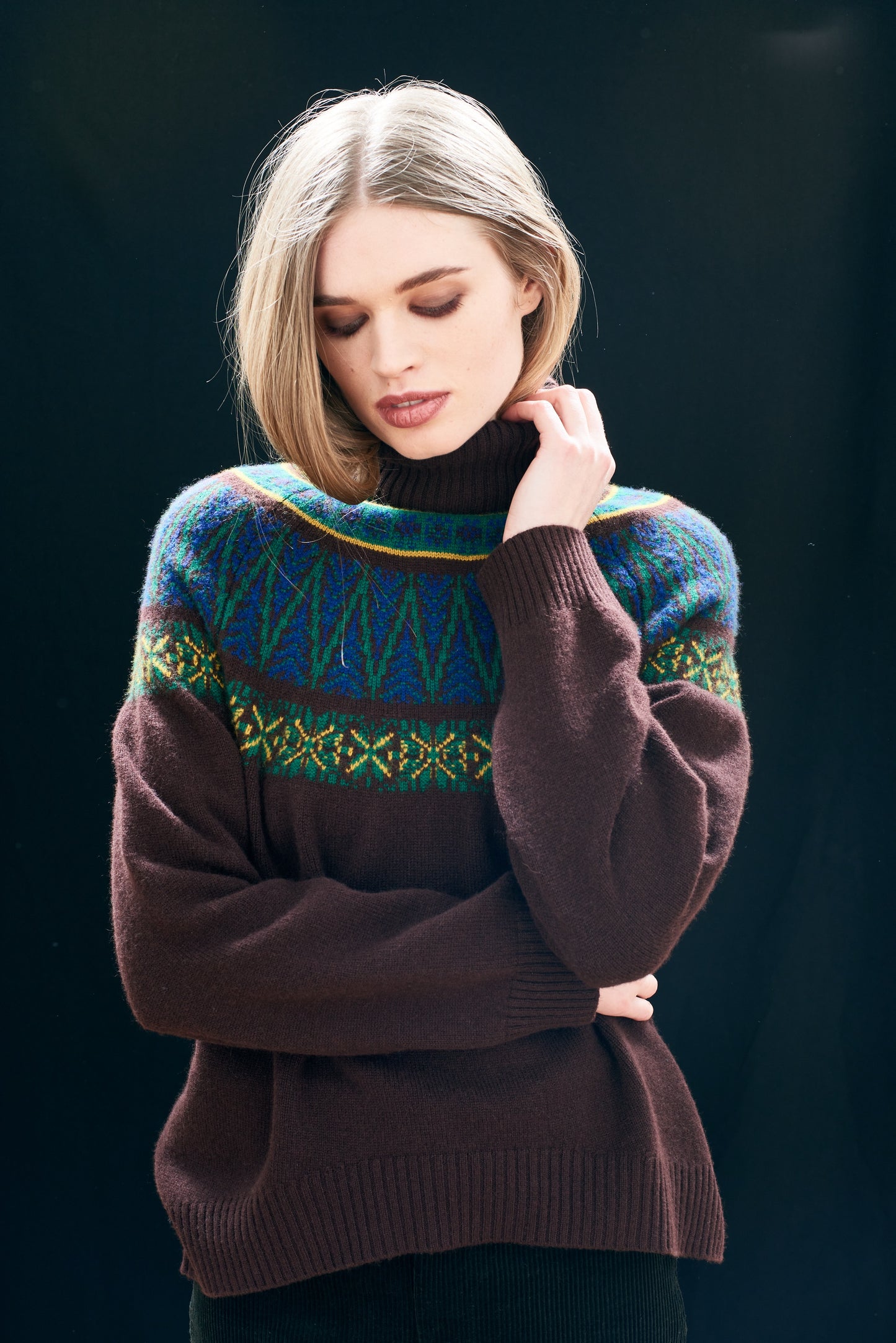 Jumper1234 Fairisle Roll Collar Jumper Hickory/Dark Violet/Amber