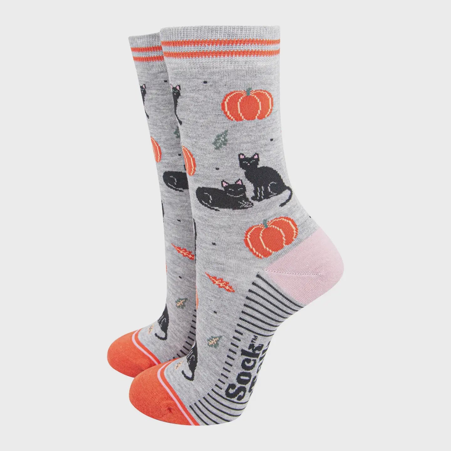 Sock Talk Women's Bamboo Socks Light Grey/Orange, Cats and Pumpkins