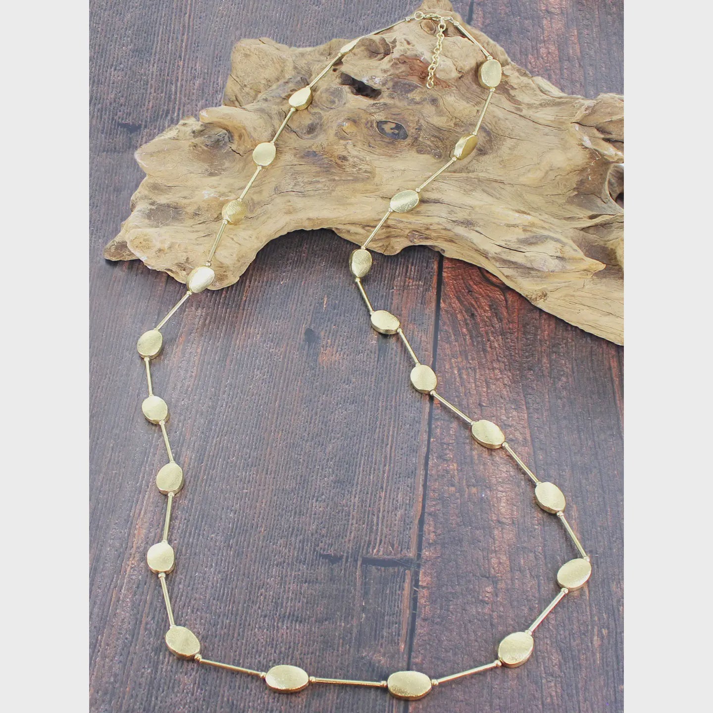Suzie Blue Long Oval Disc Necklace Gold