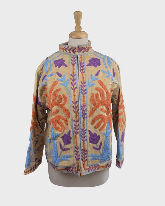 Cream & Lilac Velvet Suzani Kimono Embroidered Boho Jacket