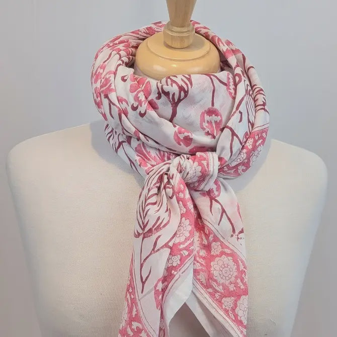 Pink & White Block Print Oversized Bandana Square Scarf - Precious Sparkle