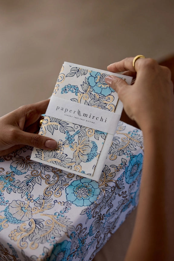 Paper Mirchi Block Printed Card Wild Rose Blue Opal - Precious Sparkle