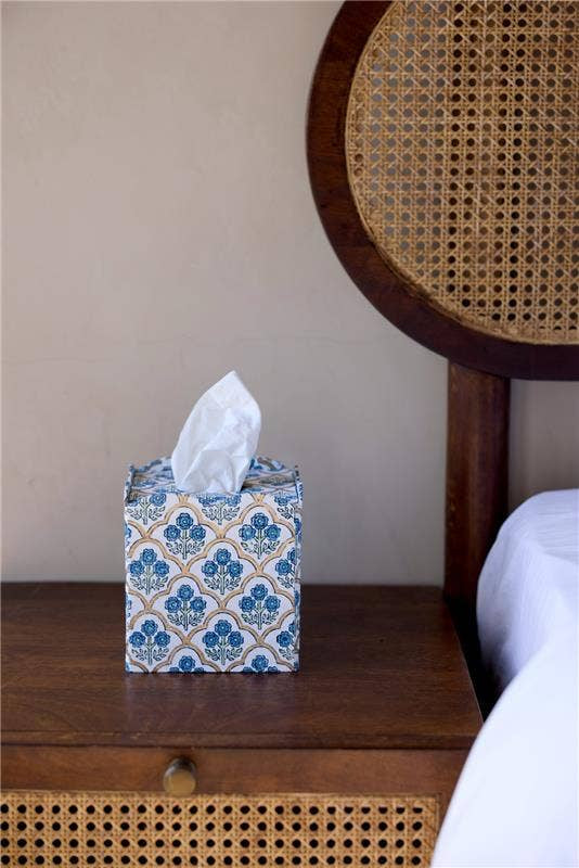 Paper Mirchi Block Printed Tissue Box - Trellis Indigo