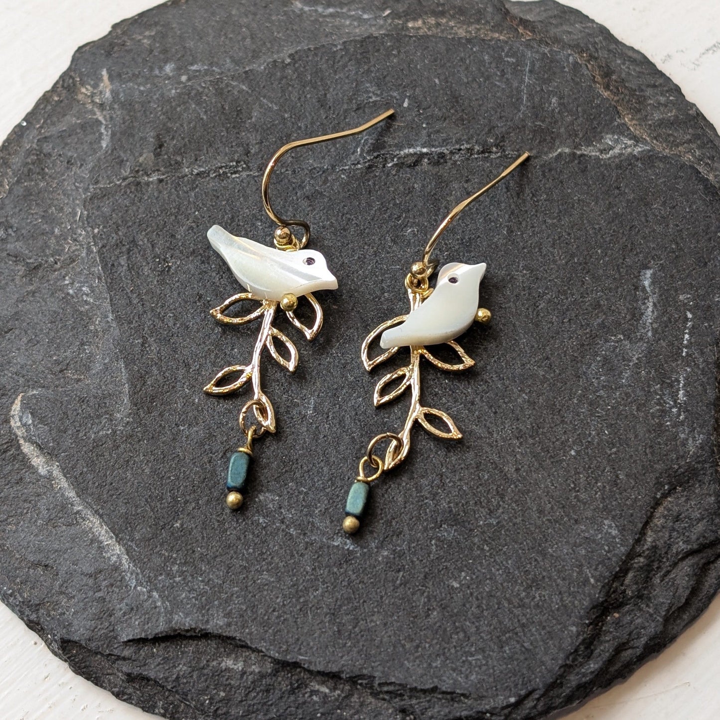 Atelier Piou Piou Jewellery Bird & Leaves Hanging Gold Earrings