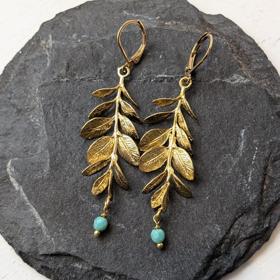 Atelier Piou Piou Jewellery Gold Foliage Earrings with Amazonite Stone