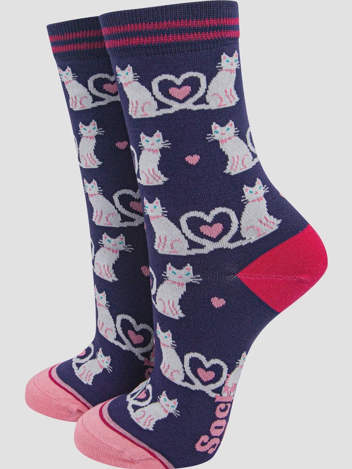Sock Talk Women's Bamboo Socks Navy Blue/White, Cats - Precious Sparkle