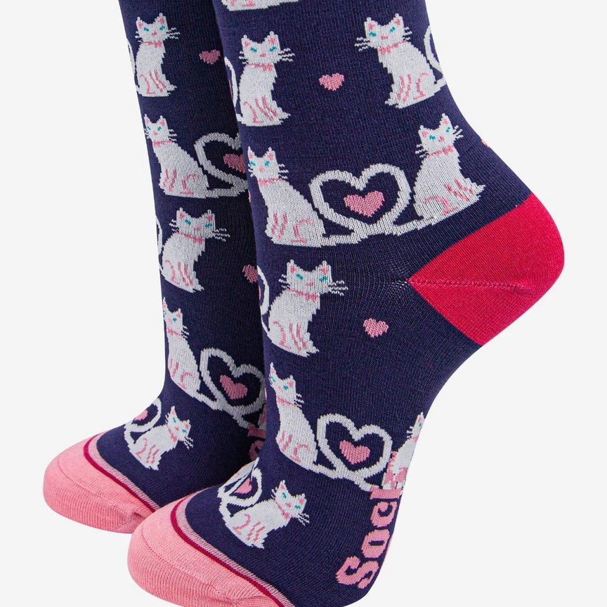 Sock Talk Women's Bamboo Socks Navy Blue/White, Cats - Precious Sparkle