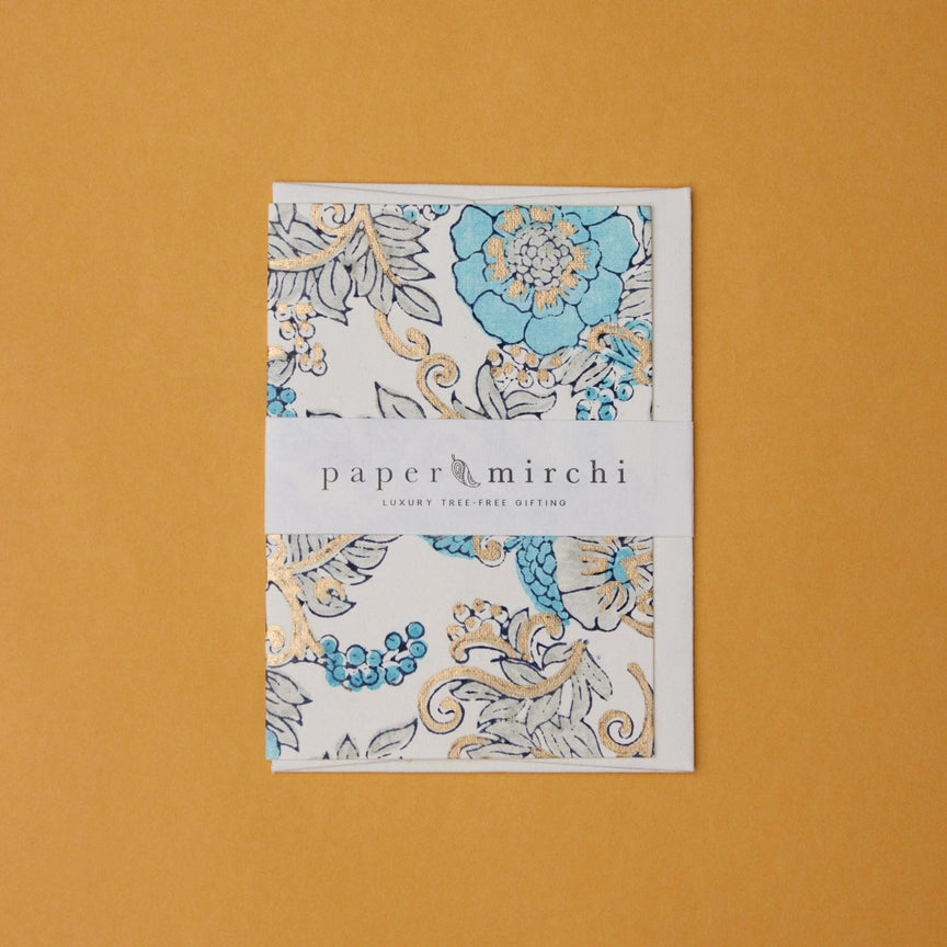 Paper Mirchi Block Printed Card Wild Rose Blue Opal - Precious Sparkle
