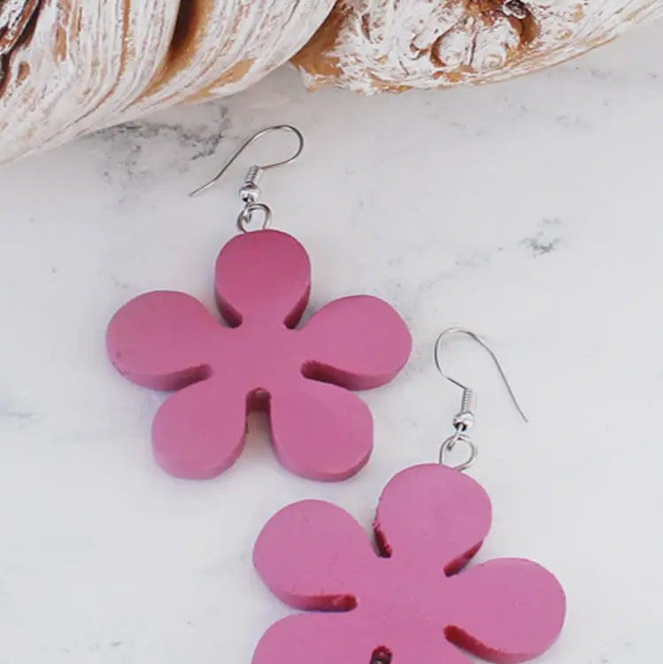 Suzie Blue Wooden Flower Earrings Pink - Precious Sparkle