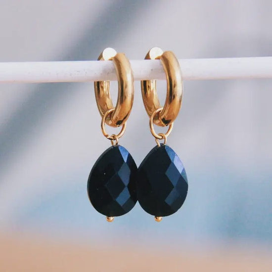 Bazou Jewellery Bazou Wide Hoop Black Drop Earrings