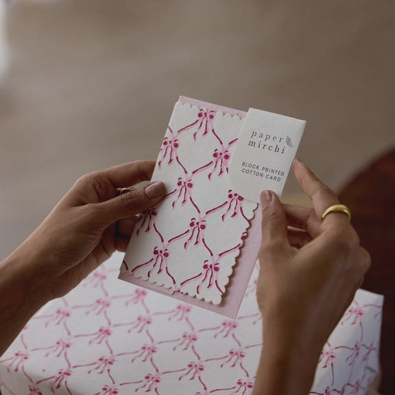 Paper Mirchi Hand Block Printed Greeting Card Gc Bows Pink Sorbet - Precious Sparkle