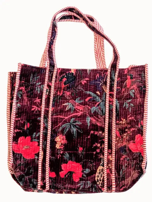 Velvet Quilted Indian Tote Bag -Paradise Merlot - Precious Sparkle