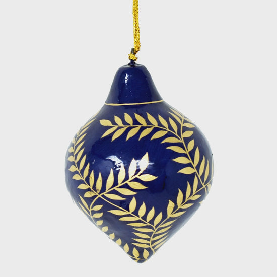 Fair Trade Blue Hanging Lantern Bauble - Gold Vines - Precious Sparkle
