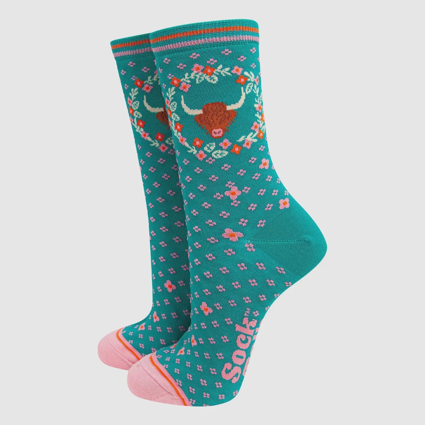 Sock Talk Women's Bamboo Socks - Teal, Highland Cow Floral Wreath