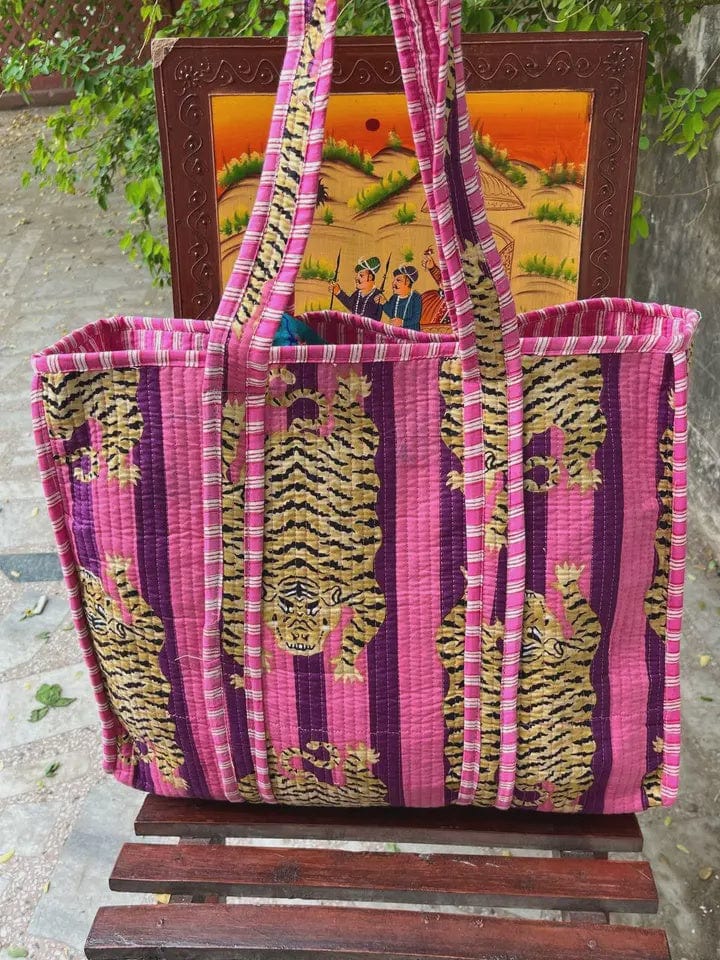 Bhawana Handicrafts Accessories Cotton Purple Stripe Tiger Quilted Tote Bag