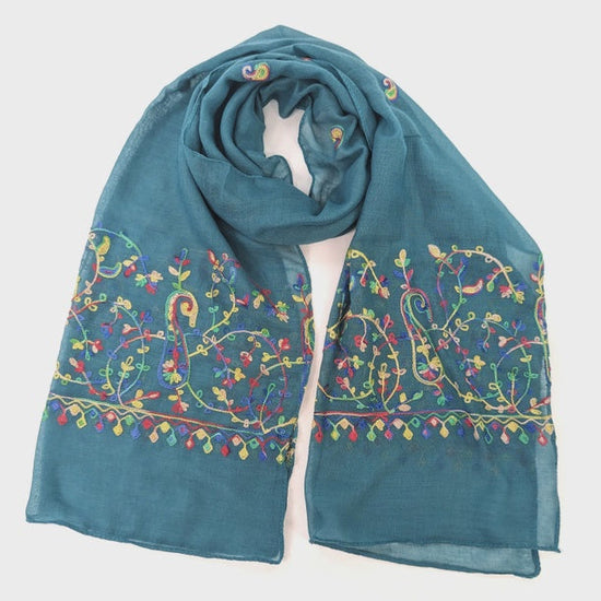 Black Ginger Accessories Pakane Embroidery Scarf Teal Blue