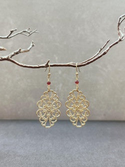 Brass Filigree Earrings with Red Stone