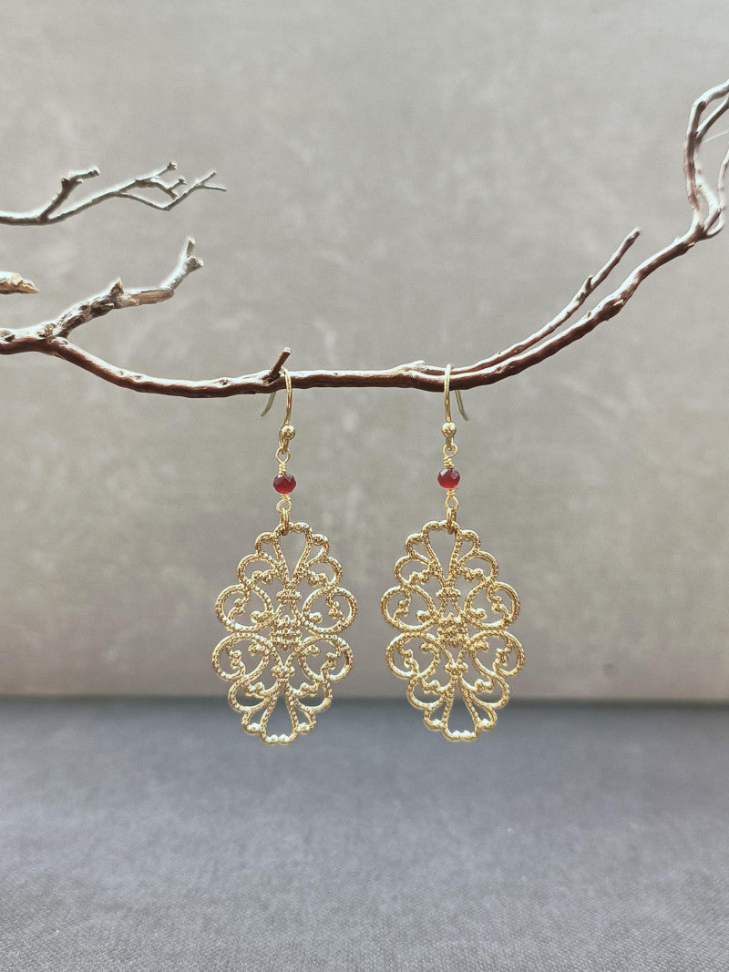 Brass Filigree Earrings with Red Stone
