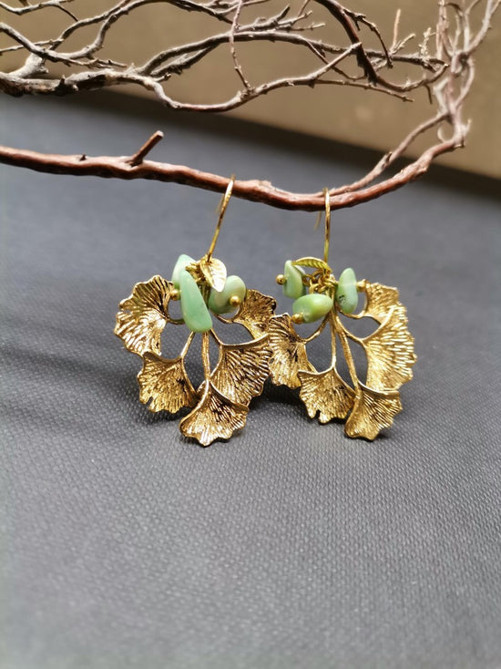 Gold Gingko Leaf Earrings Chrysoprase