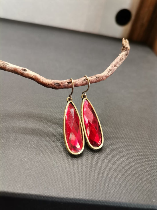 Antiqued Brass Red Resin Drop Earrings