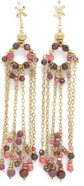 Set of colorful beaded earrings with gold chains on a white background, featuring the brand Habaha.