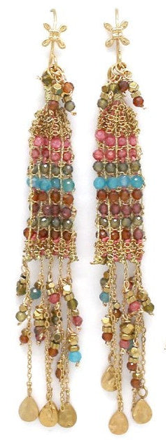 Long Crochet Earrings with Woven Stones & Fringe - Precious Sparkle