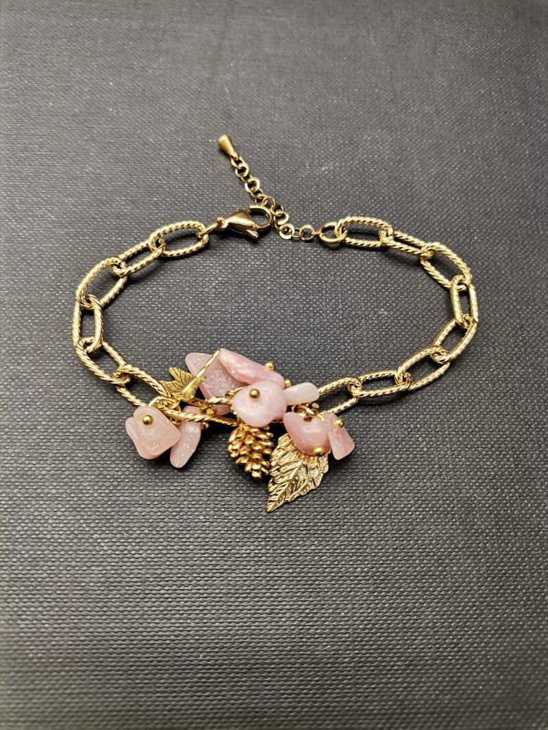 Pink Stone Leaf & Dragonfly Gold Bracelet