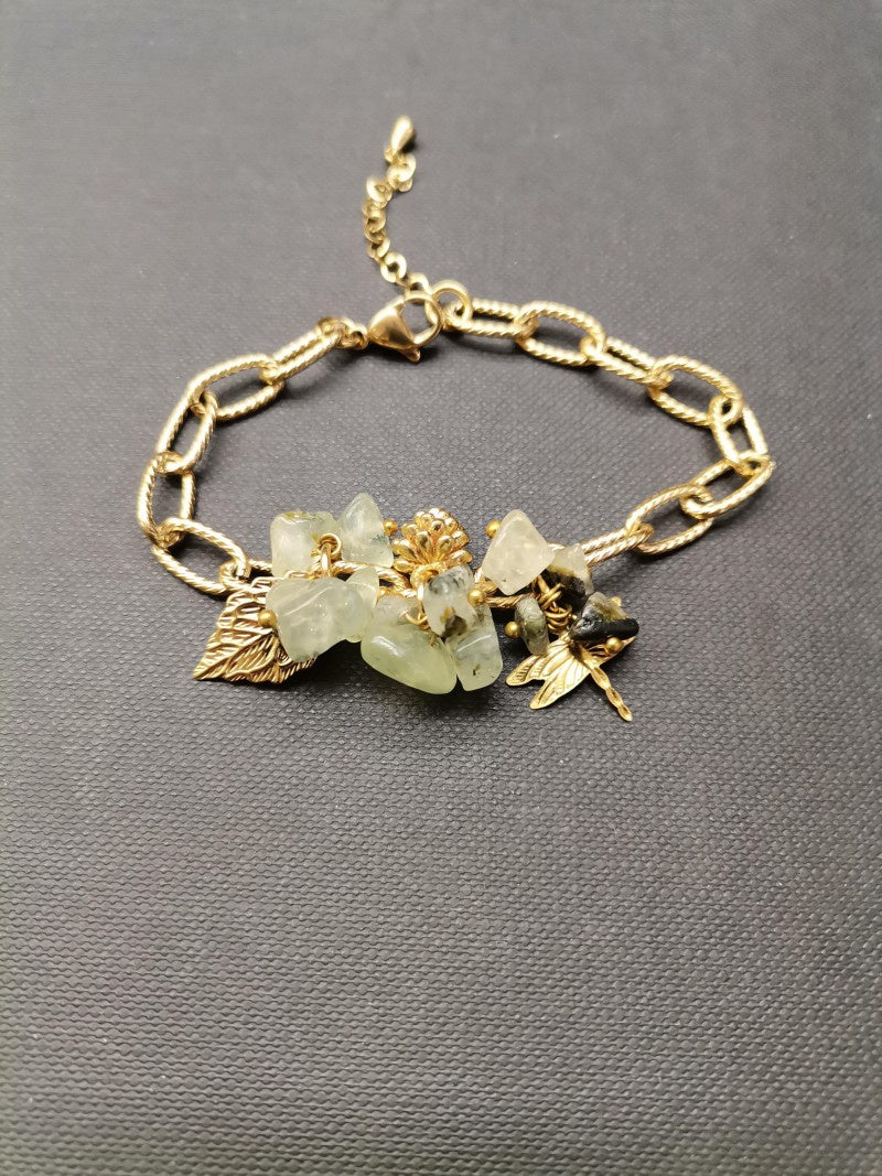 Prehnite Leaf & Dragonfly Gold Bracelet