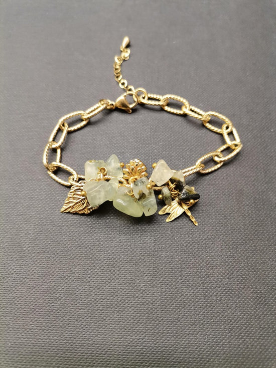 Prehnite Leaf & Dragonfly Gold Bracelet