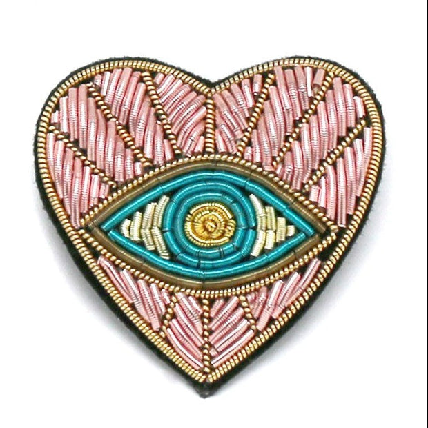 Heart with Eye Embroidered Brooch Pink/Blue - Precious Sparkle