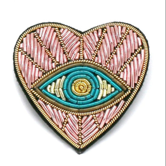 Heart with Eye Embroidered Brooch Pink/Blue - Precious Sparkle