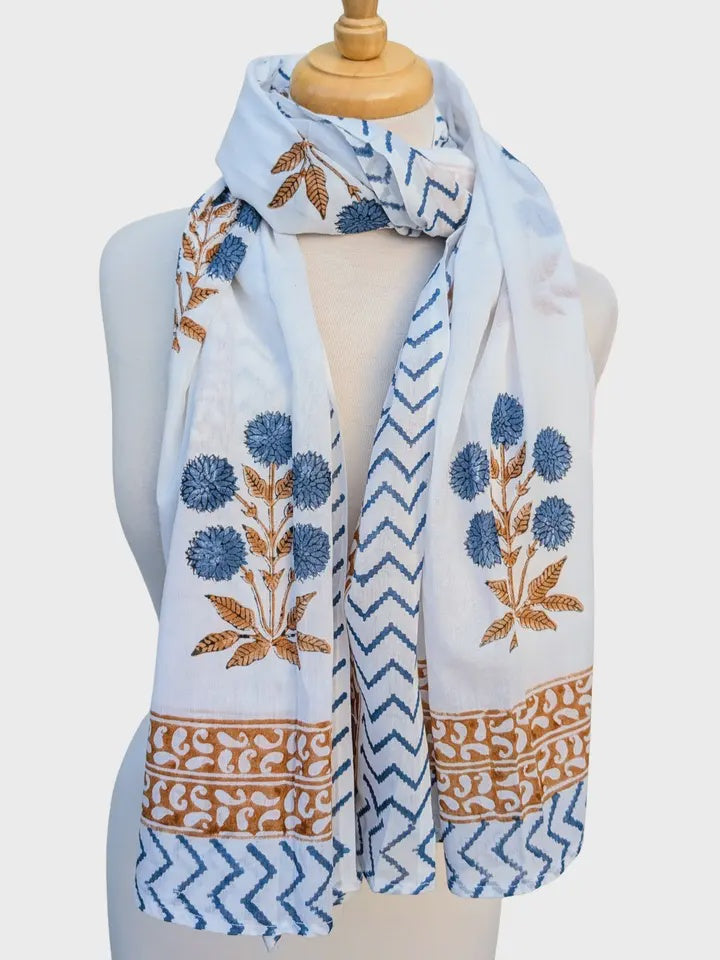 Blue & Brown Flower Plant Block Print Pareo Sarong Scarf - Precious Sparkle