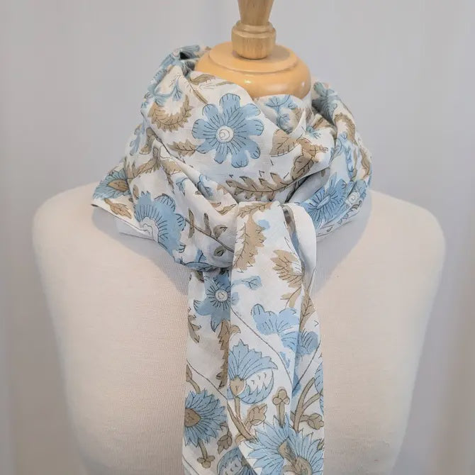 Baby Blue & White Block Print Oversized Bandana Square Scarf - Precious Sparkle
