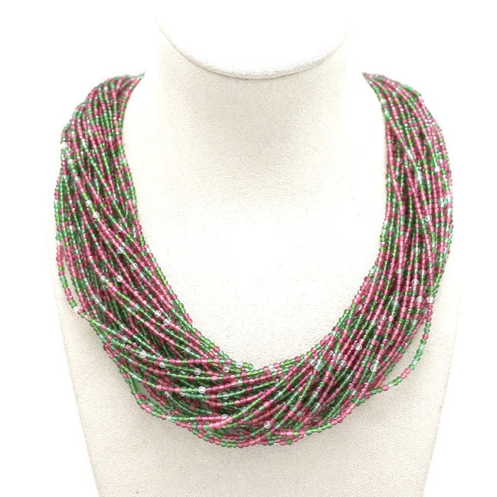 Multi Strand Multi Colour Beaded Necklace Pink & Green - Precious Sparkle