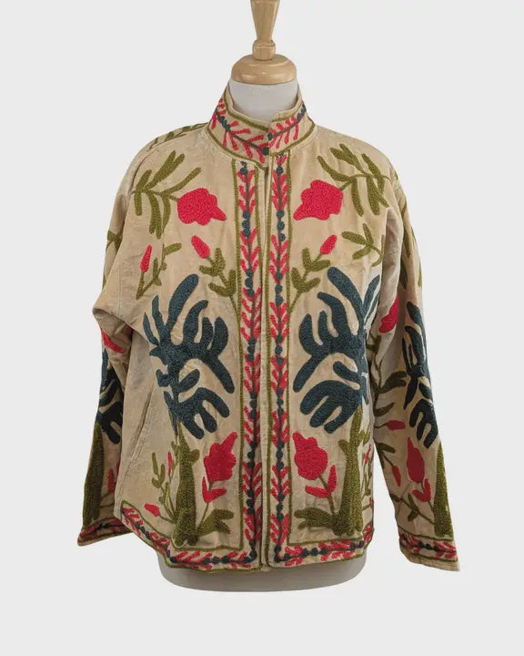 Cream & Blue Velvet Suzani Kimono Embroidered Boho Jacket