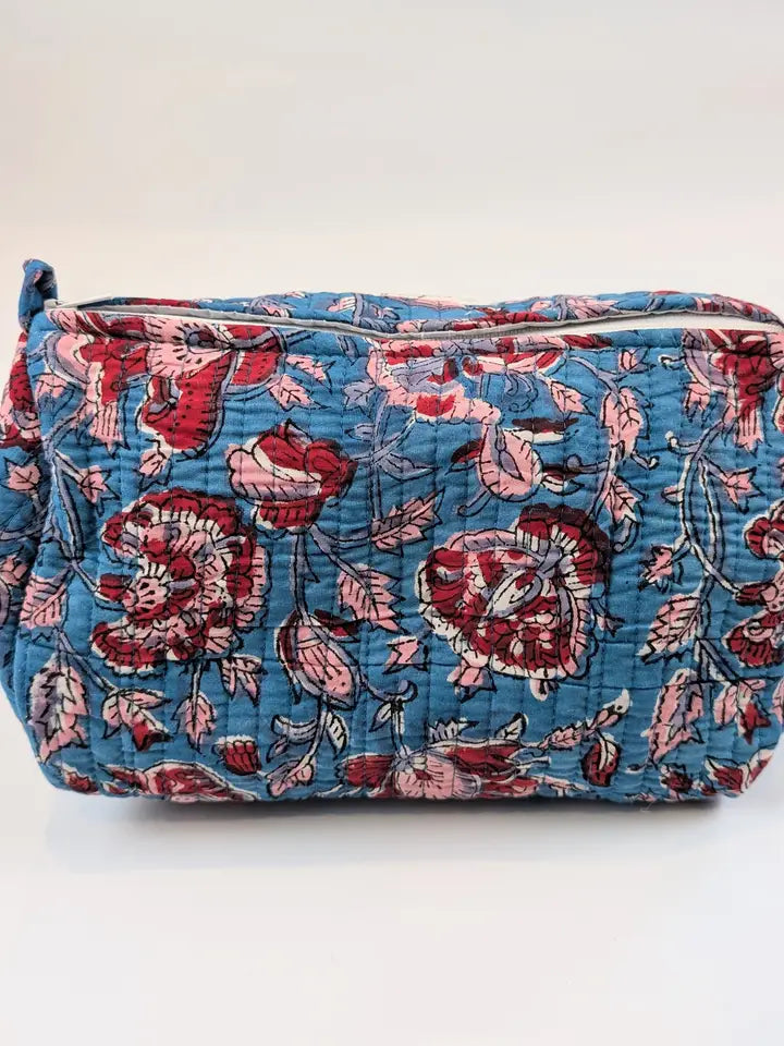 Blue & Red Floral Block Print Quilted Large Washbag - Precious Sparkle