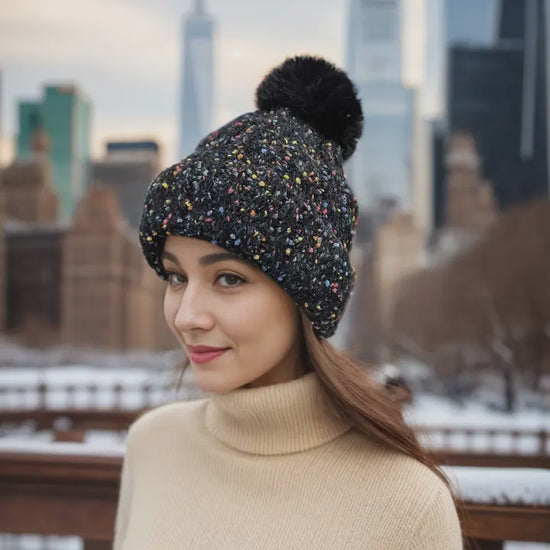 Confetti Faux Fur Pom Pom Hat Jet Black - Precious Sparkle
