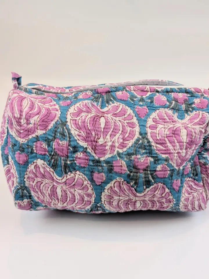 Teal & Pink Lilac Flower Block Print Quilted Large Washbag - Precious Sparkle