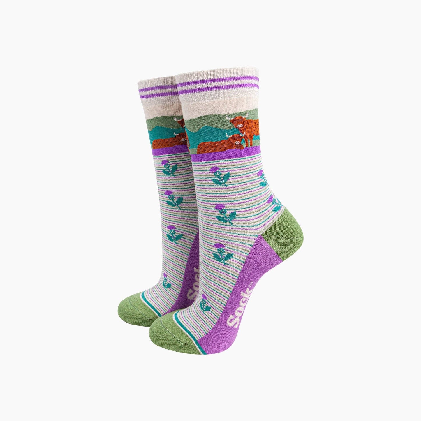 Sock Talk Highland Cow Thistles Striped Bamboo Socks in Cream - Precious Sparkle