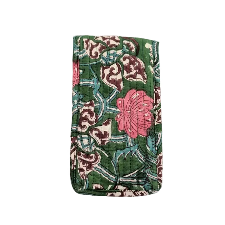 Pine Green Floral Block Print Quilted Glasses Case - Precious Sparkle