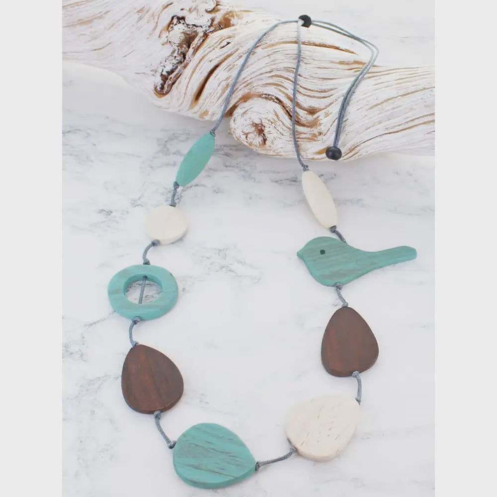 Suzie Blue Wooden Bird Necklace Aqua - Precious Sparkle