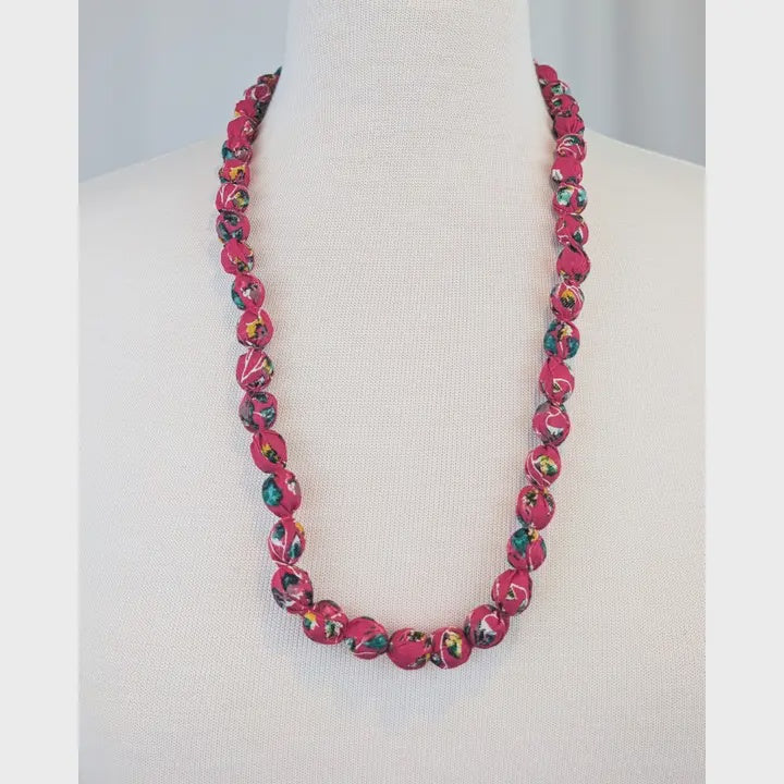 Fuchsia Pink Indian Fabric Handmade Beaded Necklace - Precious Sparkle