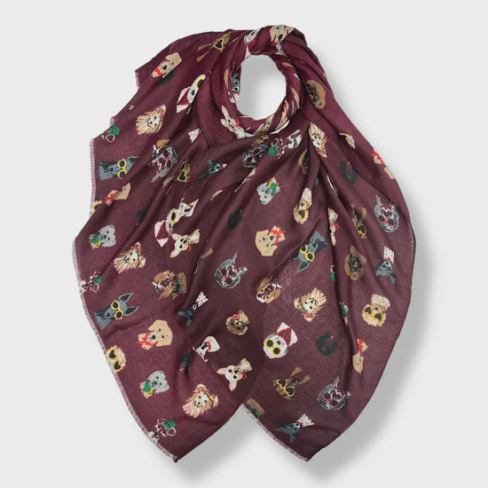 Festive Dog Print Scarf Burgundy