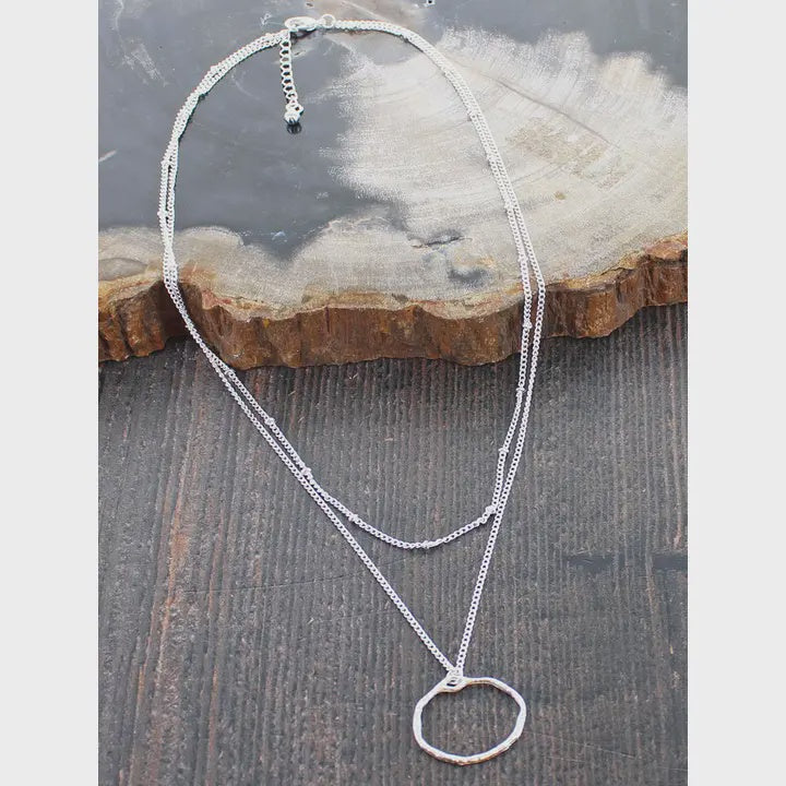 Double Chain Necklace with Ring Pendant Silver Plate - Precious Sparkle