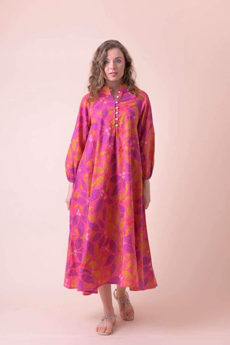 Handprint Dream Apparel Geisha Baroque Print Sleeveless Tiered Cotton Dress Emperor Neon Pink