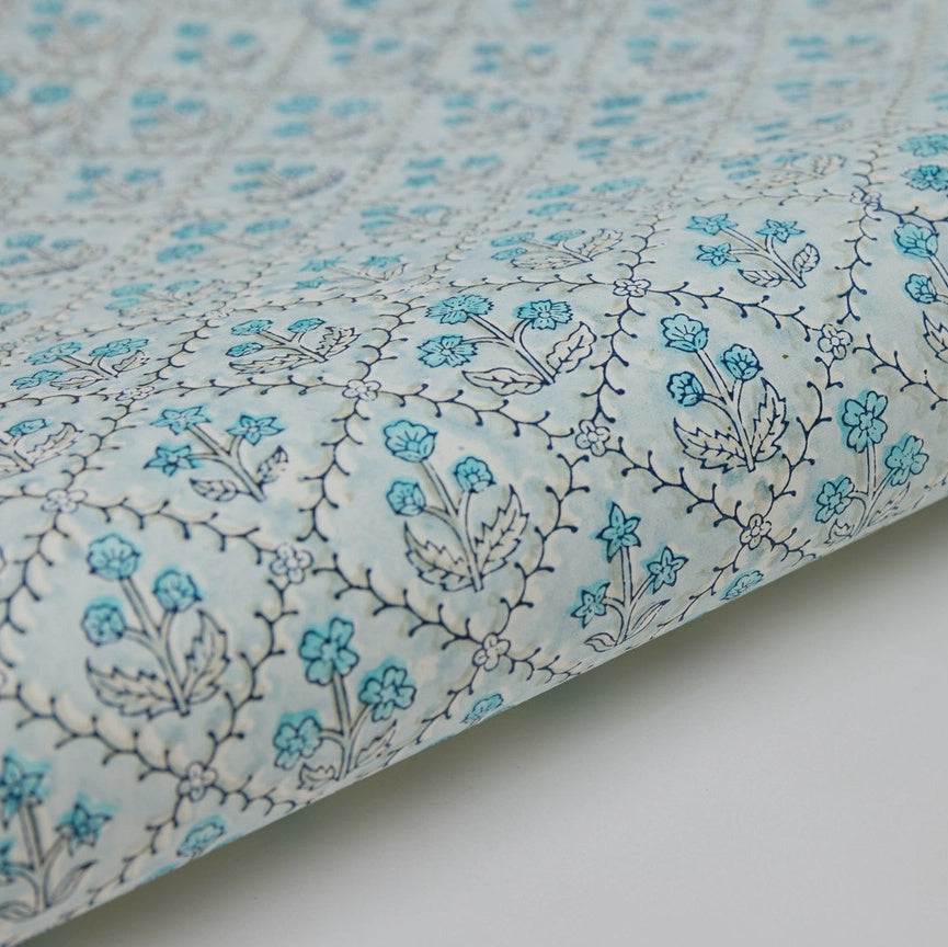 Paper Mirchi Block Printed Wrapping Paper Sheets Bp Floral Lattice Blue Opal - Precious Sparkle