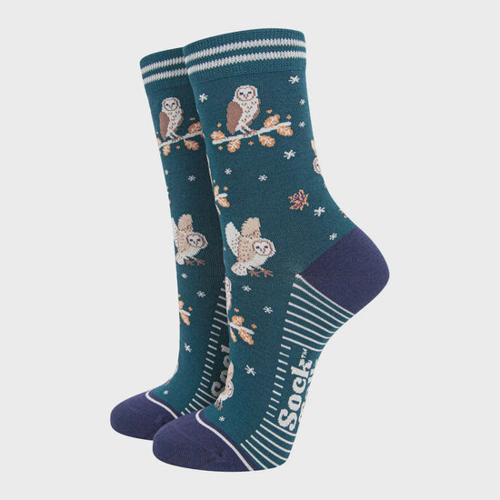 Sock Talk Women's Bamboo Socks Forest Green/Navy Blue, Barn Owls