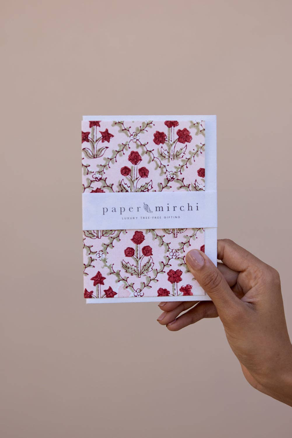 Paper Mirchi Hand Block Printed Greeting Card - Floral Lattice Winter Red