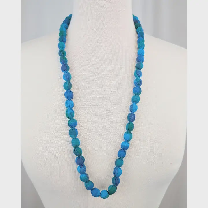 Cyan & Green Indian Fabric Handmade Beaded Necklace - Precious Sparkle